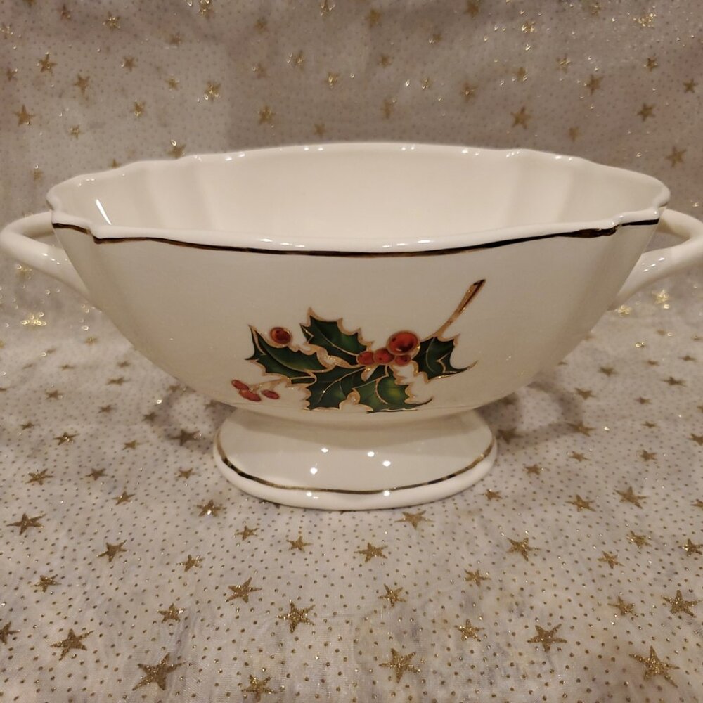 Teleflora Bowl on Pedestal Holly Berries Kitchen Dining Christmas Collectible